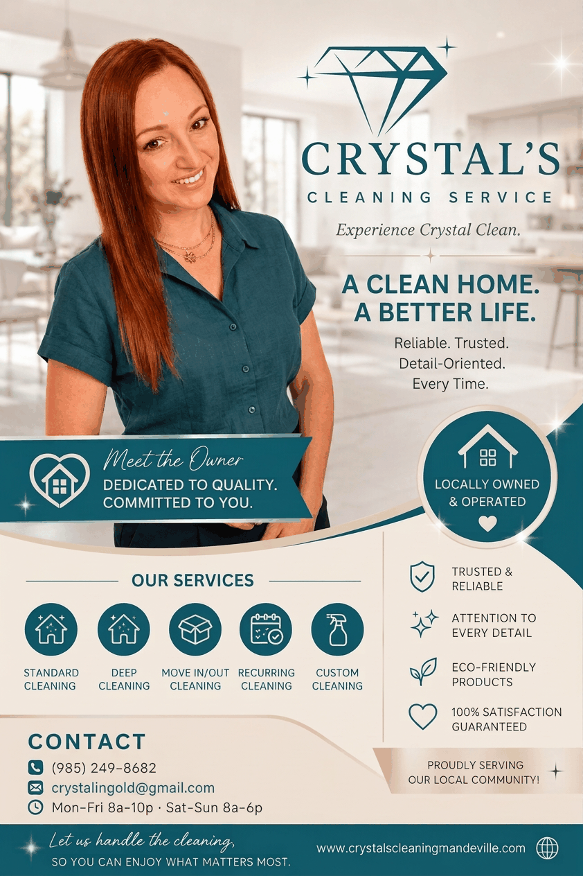 Meet Crystal, owner of Crystal's Cleaning Service. A clean home. A better life. Locally owned and operated on the North Shore.